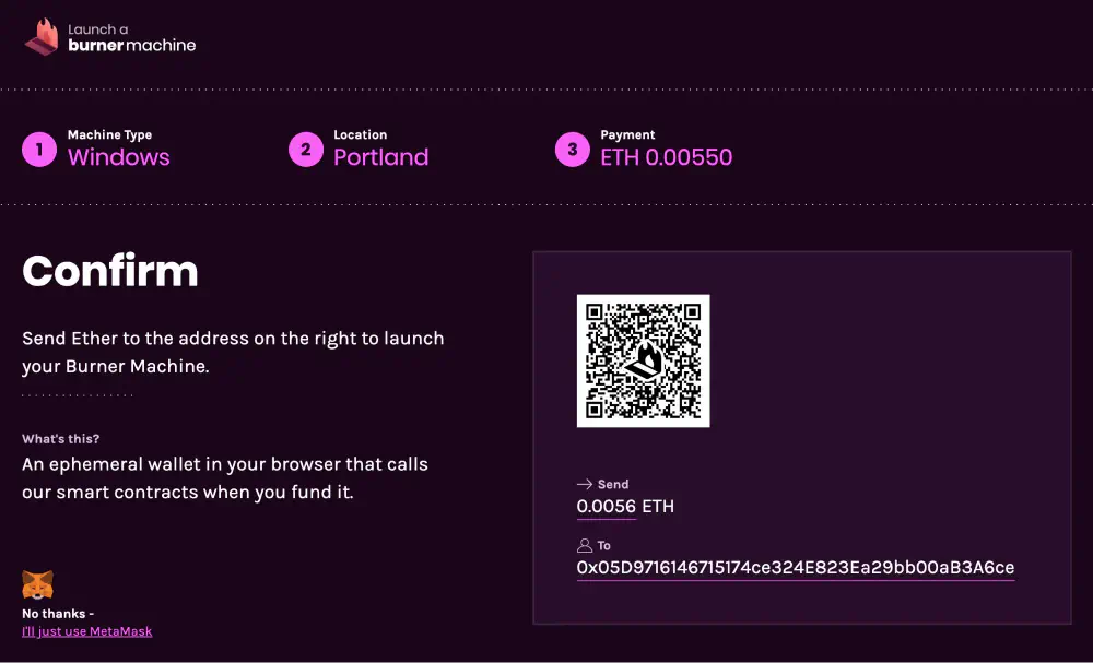 Burner Machine confirmation screen with QR code for ETH payment