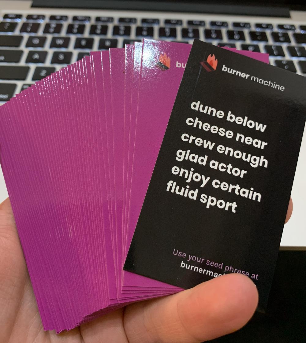 Burner Machine token cards - back side showing seed phrase